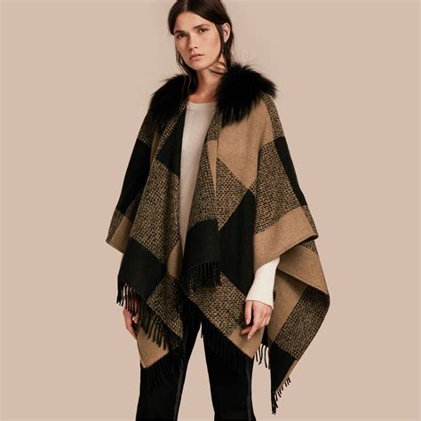 cashmere burberry poncho|Burberry fur trimmed poncho.